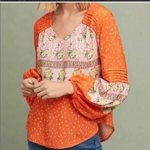 Maeve Anthropologie Ceresco Peasant top floral blouse orange boho XS